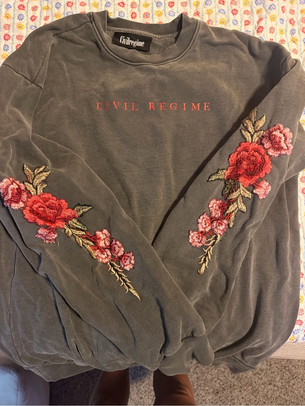 Civil Regime Women's Gray Sweatshirt with Red Rose Embroidery